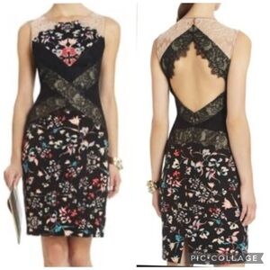 BCBGMAXAZRIA Shaylah Black Multi Floral Lace Sheath Dress Open Back Size 0 NWT